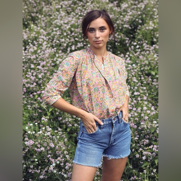 Mille Tops - NWT Mille Florian 100% Cotton Floral Print Button Up Blouse Resortwear | Size L